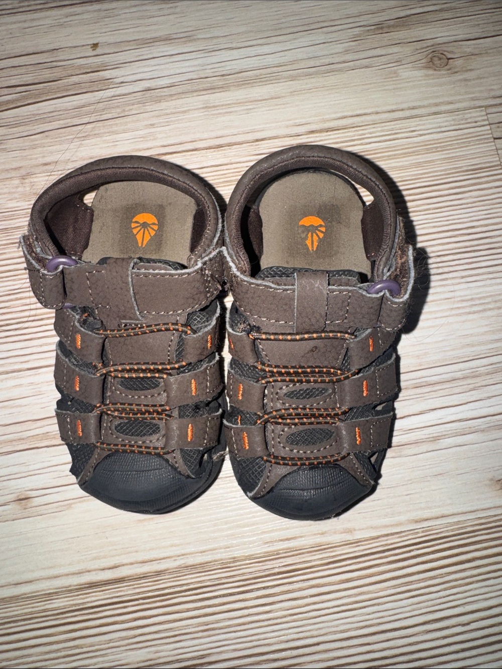 Brown Kids Closed-Toe Sandals with Orange Stitching - Brand Unknown
